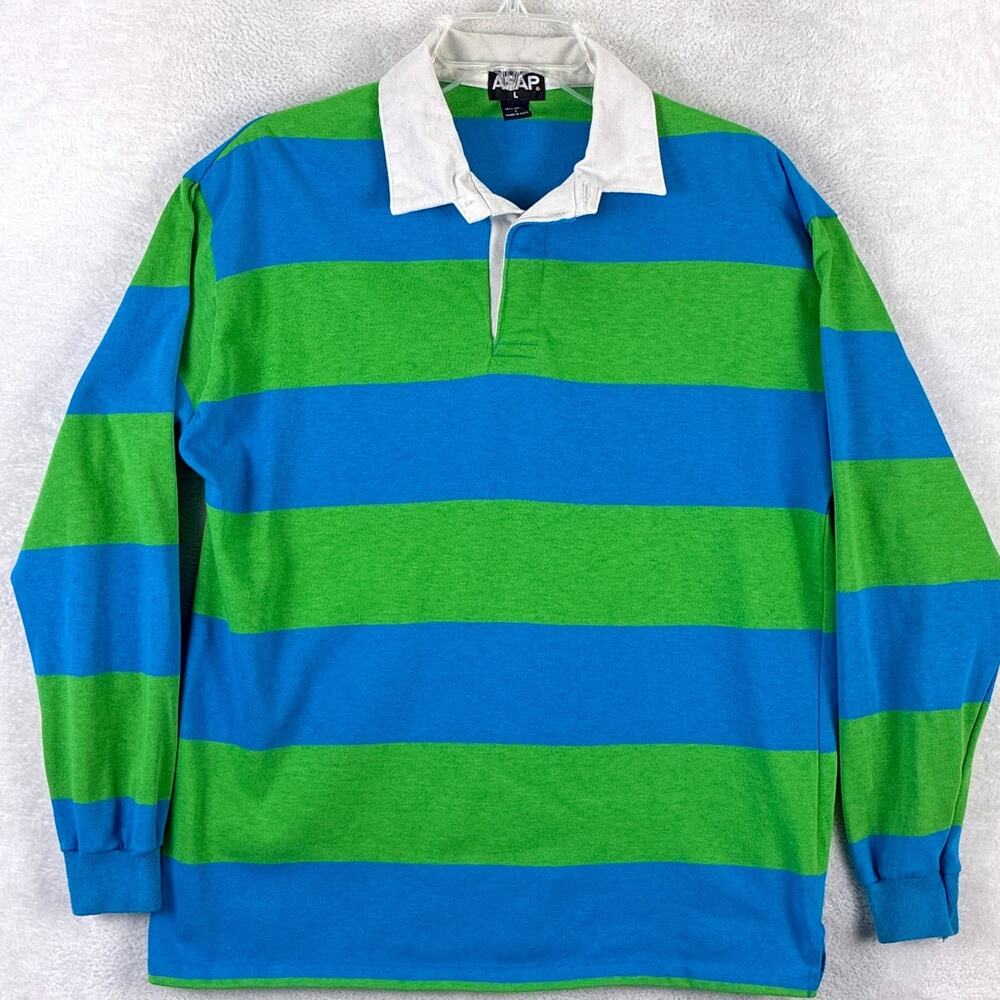 VTG ASAP Rugby Shirt Mens L Green Blue Striped Preppy Collegiate Ivy League USA